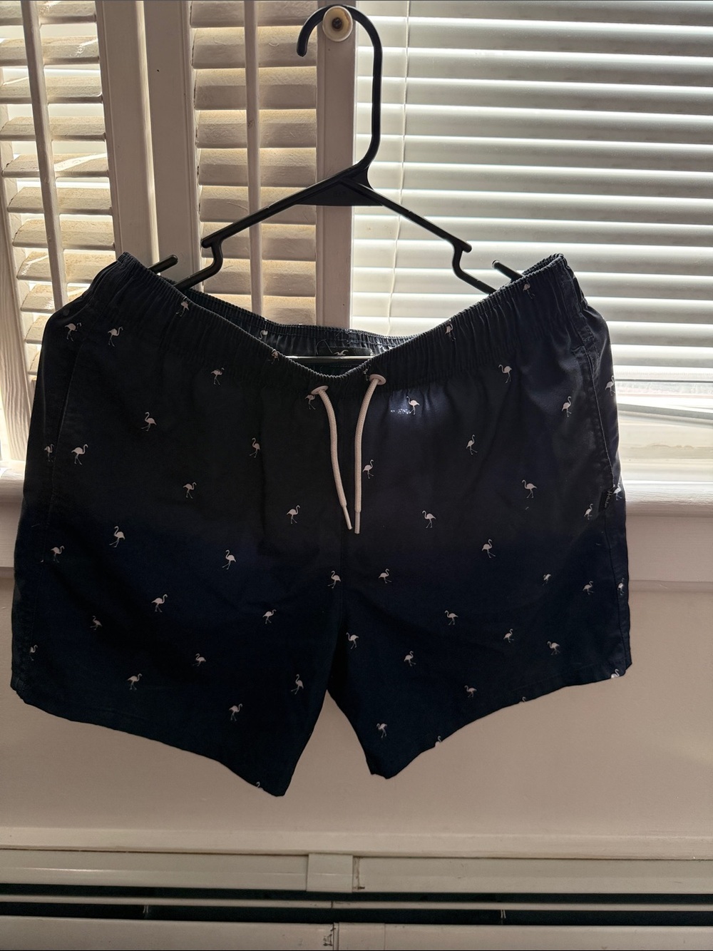 Hollister Navy Swim Trunks with White Flamingo Embroidery